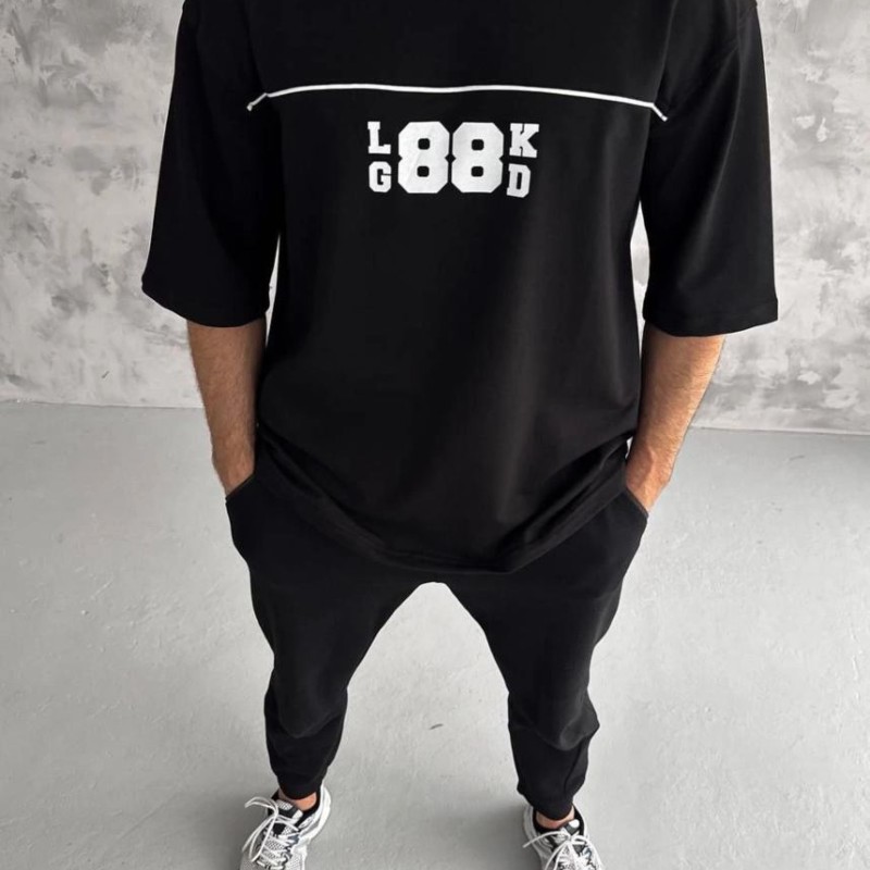 Erkek Kısa Kol Yazlık Tişört Bisiklet Yaka Baskılı Oversize T-Shirt - Siyah