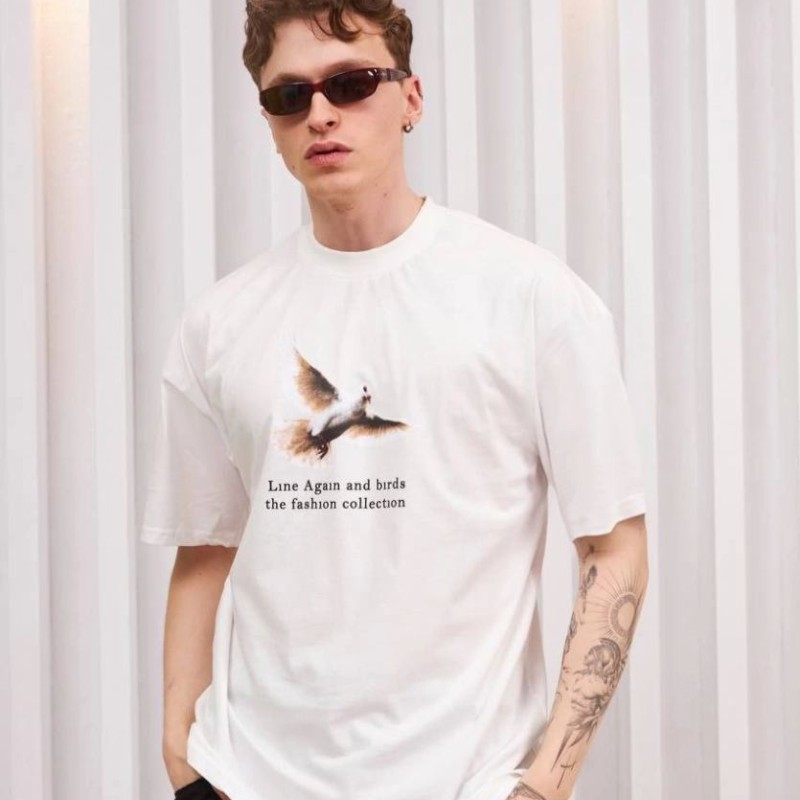 Erkek Kısa Kol Yazlık Tişört Bisiklet Yaka Baskılı Oversize T-Shirt - Siyah