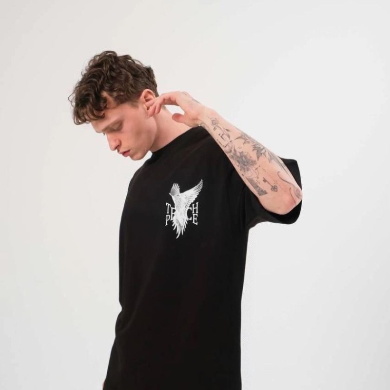Erkek Kısa Kol Yazlık Tişört Bisiklet Yaka Baskılı Oversize T-Shirt - Siyah