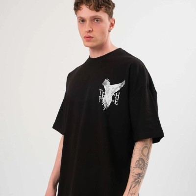 Erkek Kısa Kol Yazlık Tişört Bisiklet Yaka Baskılı Oversize T-Shirt - Siyah