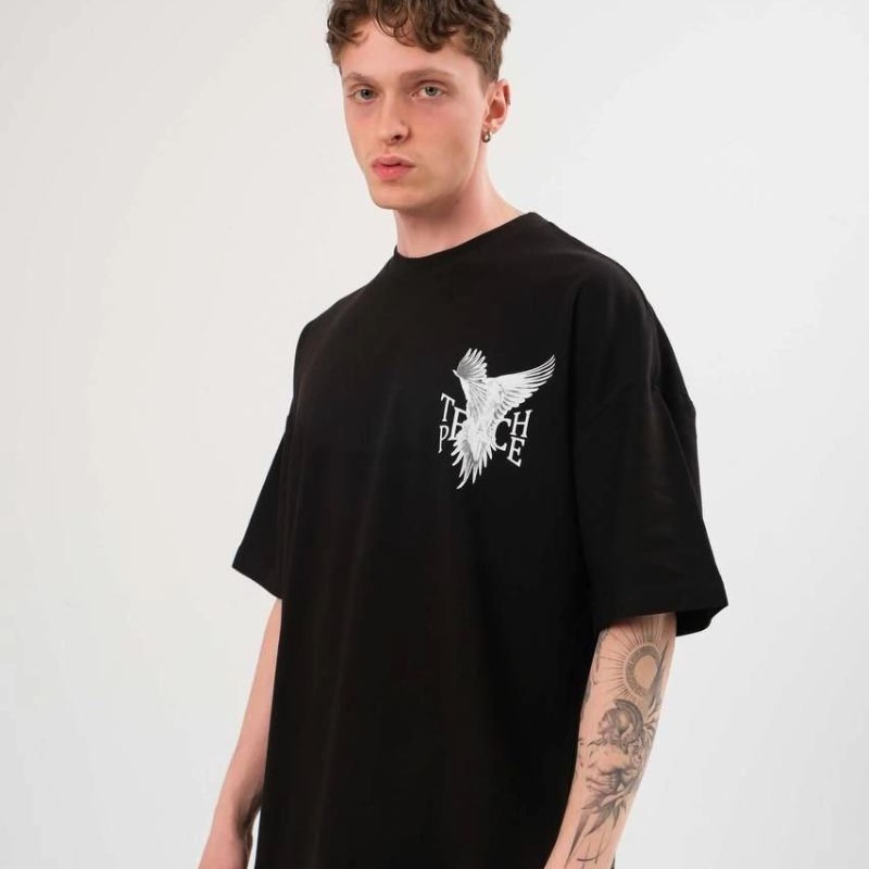 Erkek Kısa Kol Yazlık Tişört Bisiklet Yaka Baskılı Oversize T-Shirt - Siyah