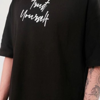 Erkek Kısa Kol Yazlık Tişört Bisiklet Yaka Baskılı Oversize T-Shirt -  Siyah