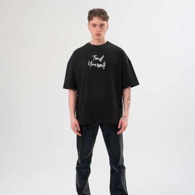 Erkek Kısa Kol Yazlık Tişört Bisiklet Yaka Baskılı Oversize T-Shirt -  Siyah