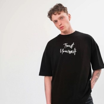 Erkek Kısa Kol Yazlık Tişört Bisiklet Yaka Baskılı Oversize T-Shirt -  Siyah