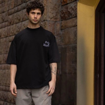 Erkek Kısa Kol Yazlık Tişört Bisiklet Yaka Baskılı Oversize T-Shirt - Siyah