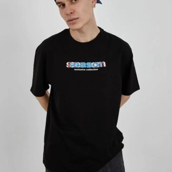 Erkek Kısa Kol Yazlık Tişört Bisiklet Yaka Baskılı Oversize T-Shirt - Siyah