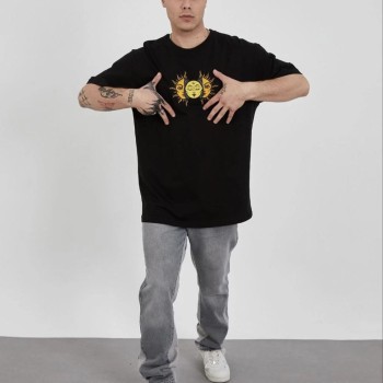 Erkek Kısa Kol Yazlık Tişört Bisiklet Yaka Baskılı Oversize T-Shirt - Siyah