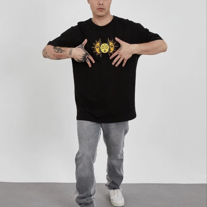 Erkek Kısa Kol Yazlık Tişört Bisiklet Yaka Baskılı Oversize T-Shirt - Siyah