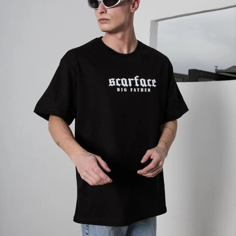 Erkek Kısa Kol Yazlık Tişört Bisiklet Yaka Baskılı Oversize T-Shirt - Siyah