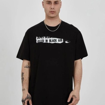 Erkek Kısa Kol Yazlık Tişört Bisiklet Yaka Baskılı Oversize T-Shirt - Siyah