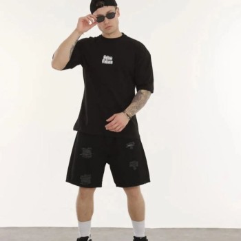 Erkek Kısa Kol Yazlık Tişört Bisiklet Yaka Baskılı Oversize T-Shirt - Siyah