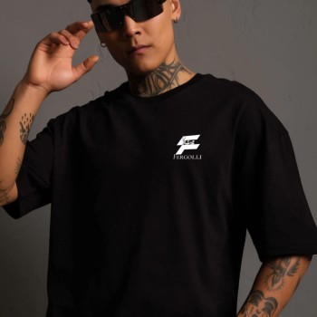Erkek Kısa Kol Yazlık Tişört Bisiklet Yaka Baskılı Oversize T-Shirt - Siyah