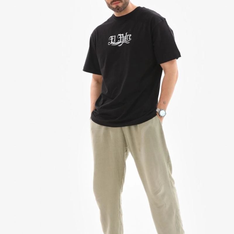 Erkek Kısa Kol Yazlık Tişört Bisiklet Yaka Baskılı Oversize T-Shirt - Siyah
