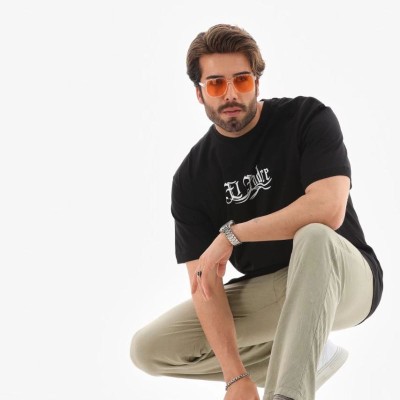 Erkek Kısa Kol Yazlık Tişört Bisiklet Yaka Baskılı Oversize T-Shirt - Siyah