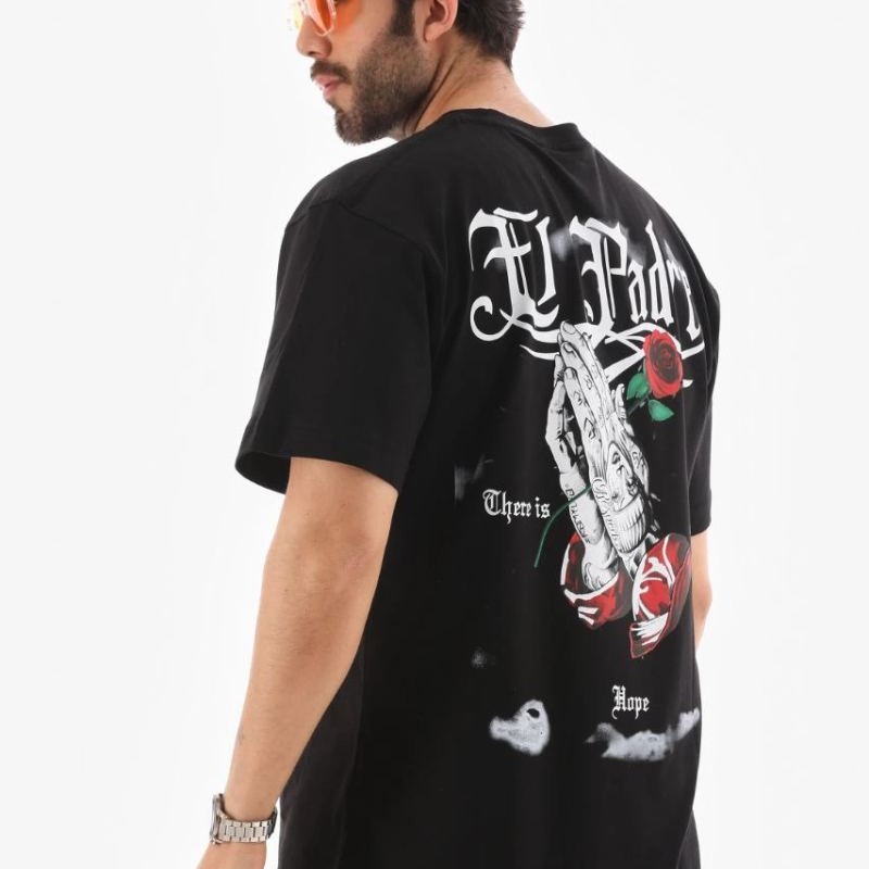 Erkek Kısa Kol Yazlık Tişört Bisiklet Yaka Baskılı Oversize T-Shirt - Siyah