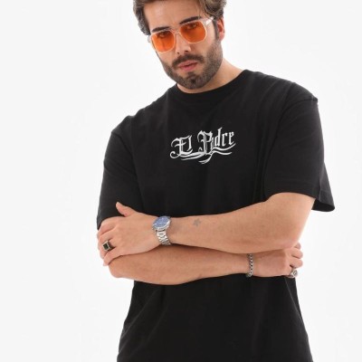 Erkek Kısa Kol Yazlık Tişört Bisiklet Yaka Baskılı Oversize T-Shirt - Siyah