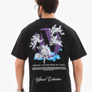 Erkek Kısa Kol Yazlık Tişört Bisiklet Yaka Baskılı Oversize T-Shirt - Siyah