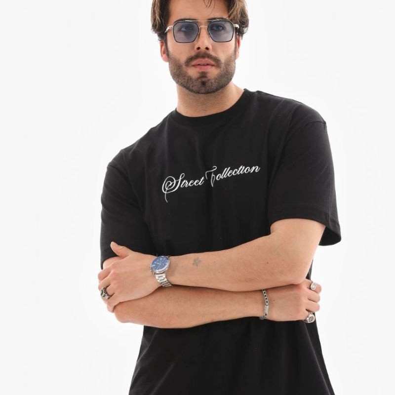 Erkek Kısa Kol Yazlık Tişört Bisiklet Yaka Baskılı Oversize T-Shirt - Siyah
