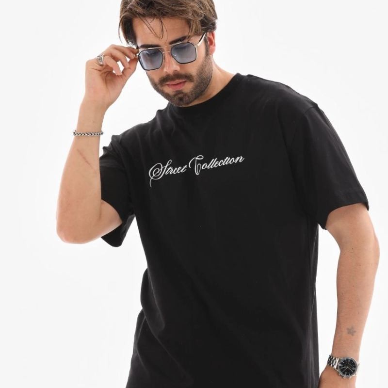Erkek Kısa Kol Yazlık Tişört Bisiklet Yaka Baskılı Oversize T-Shirt - Siyah
