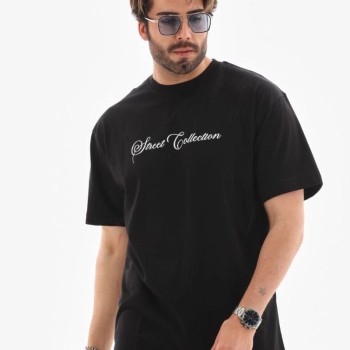 Erkek Kısa Kol Yazlık Tişört Bisiklet Yaka Baskılı Oversize T-Shirt - Siyah