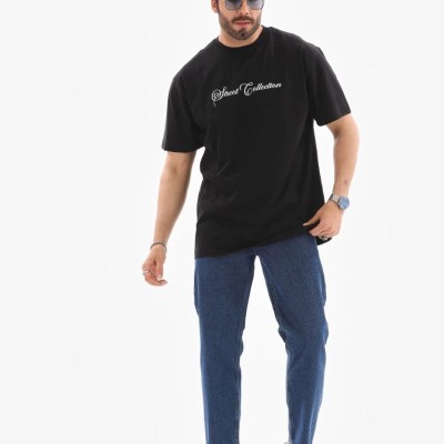 Erkek Kısa Kol Yazlık Tişört Bisiklet Yaka Baskılı Oversize T-Shirt - Siyah