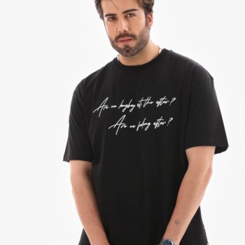 Erkek Kısa Kol Yazlık Tişört Bisiklet Yaka Baskılı Oversize T-Shirt - Siyah