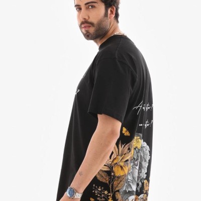 Erkek Kısa Kol Yazlık Tişört Bisiklet Yaka Baskılı Oversize T-Shirt - Siyah