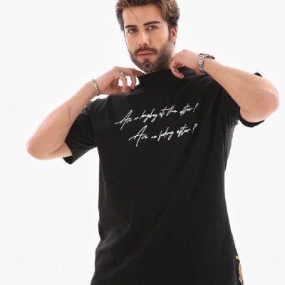 Erkek Kısa Kol Yazlık Tişört Bisiklet Yaka Baskılı Oversize T-Shirt - Siyah