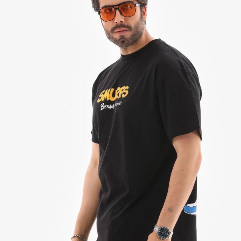 Erkek Kısa Kol Yazlık Tişört Bisiklet Yaka Baskılı Oversize T-Shirt - Siyah
