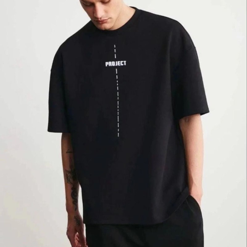 Erkek Kısa Kol Yazlık Tişört Bisiklet Yaka Baskılı Oversize T-Shirt - Siyah