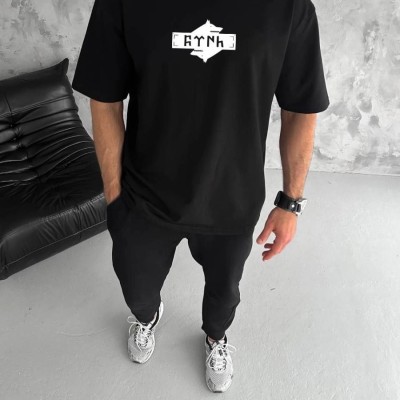 Erkek Kısa Kol Yazlık Tişört Bisiklet Yaka Baskılı Oversize T-Shirt - Siyah
