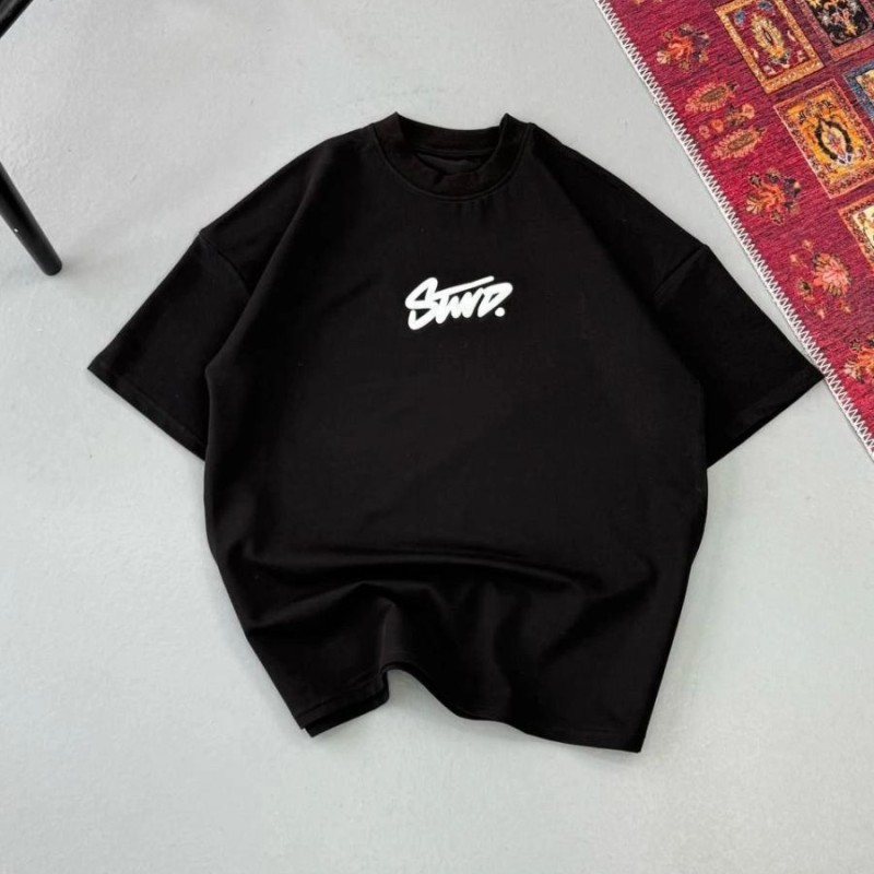 Erkek Kısa Kol Yazlık Tişört Bisiklet Yaka Baskılı Oversize T-Shirt - Siyah