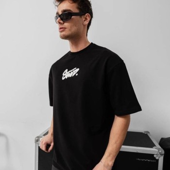 Erkek Kısa Kol Yazlık Tişört Bisiklet Yaka Baskılı Oversize T-Shirt - Siyah