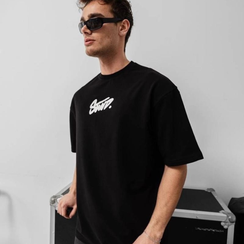 Erkek Kısa Kol Yazlık Tişört Bisiklet Yaka Baskılı Oversize T-Shirt - Siyah