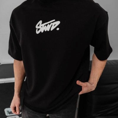 Erkek Kısa Kol Yazlık Tişört Bisiklet Yaka Baskılı Oversize T-Shirt - Siyah