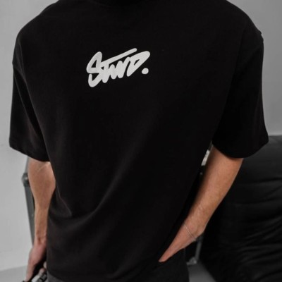 Erkek Kısa Kol Yazlık Tişört Bisiklet Yaka Baskılı Oversize T-Shirt - Siyah