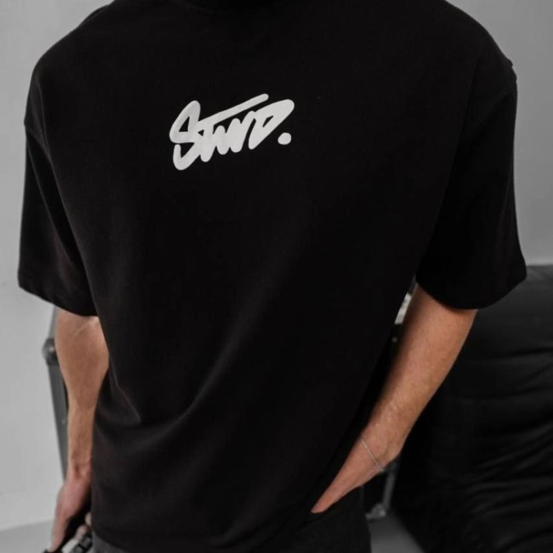 Erkek Kısa Kol Yazlık Tişört Bisiklet Yaka Baskılı Oversize T-Shirt - Siyah