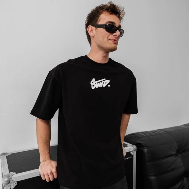 Erkek Kısa Kol Yazlık Tişört Bisiklet Yaka Baskılı Oversize T-Shirt - Siyah
