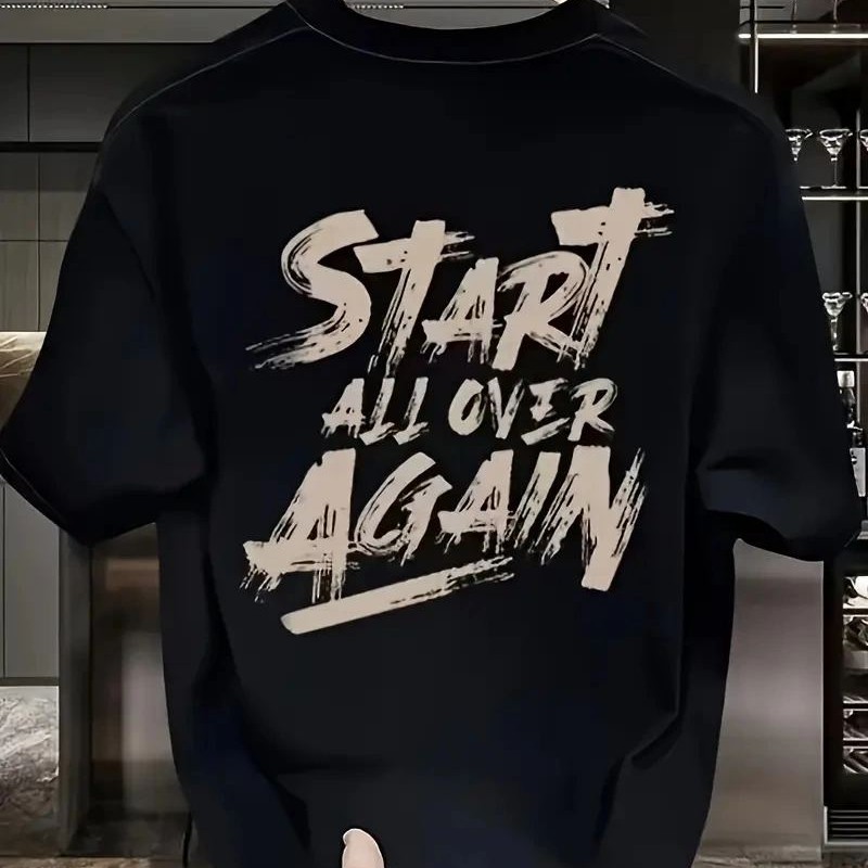 Erkek Kısa Kol Yazlık Tişört Bisiklet Yaka Baskılı Oversize T-Shirt - Siyah