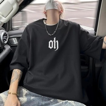 Erkek Kısa Kol Yazlık Tişört Bisiklet Yaka Baskılı Oversize T-Shirt - Siyah