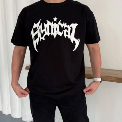 Erkek Kısa Kol Yazlık Tişört Bisiklet Yaka Baskılı Oversize T-Shirt - Siyah