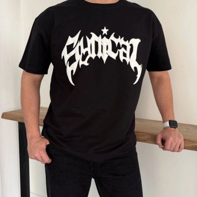 Erkek Kısa Kol Yazlık Tişört Bisiklet Yaka Baskılı Oversize T-Shirt - Siyah