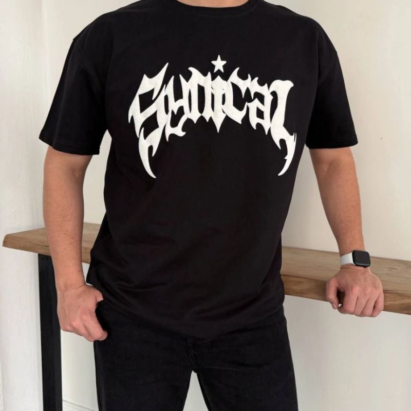Erkek Kısa Kol Yazlık Tişört Bisiklet Yaka Baskılı Oversize T-Shirt - Siyah