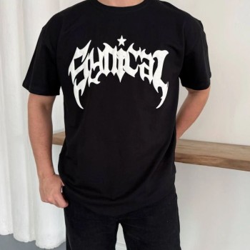 Erkek Kısa Kol Yazlık Tişört Bisiklet Yaka Baskılı Oversize T-Shirt - Siyah