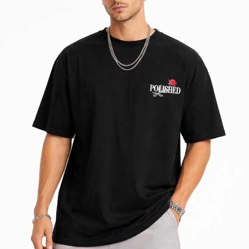 Erkek Kısa Kol Yazlık Tişört Bisiklet Yaka Baskılı Oversize T-Shirt - Siyah