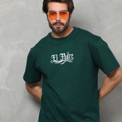 Erkek Kısa Kol Yazlık Tişört Bisiklet Yaka Baskılı Oversize T-Shirt - Yeşil