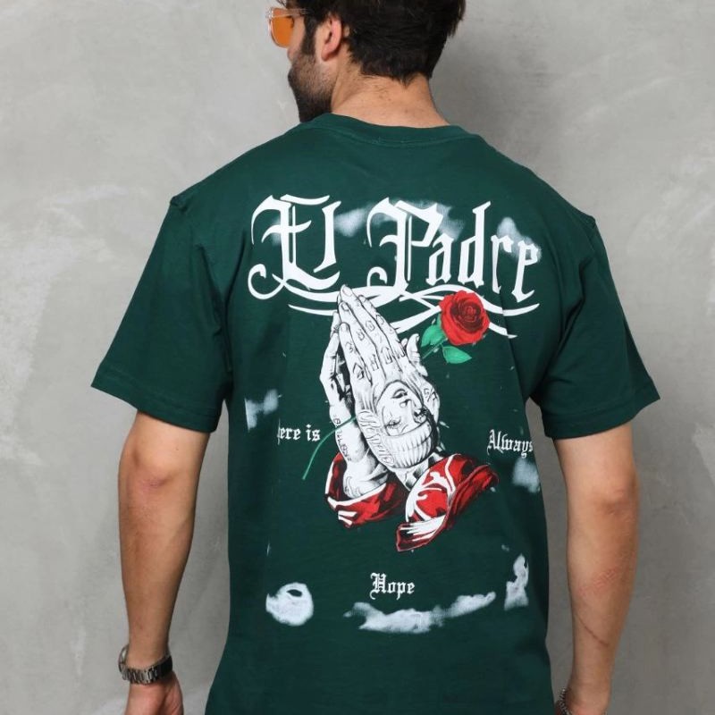 Erkek Kısa Kol Yazlık Tişört Bisiklet Yaka Baskılı Oversize T-Shirt - Yeşil