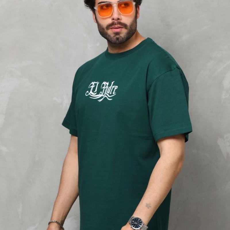 Erkek Kısa Kol Yazlık Tişört Bisiklet Yaka Baskılı Oversize T-Shirt - Yeşil