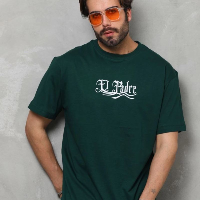Erkek Kısa Kol Yazlık Tişört Bisiklet Yaka Baskılı Oversize T-Shirt - Yeşil