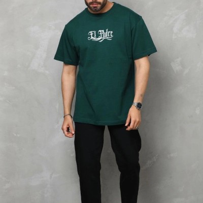 Erkek Kısa Kol Yazlık Tişört Bisiklet Yaka Baskılı Oversize T-Shirt - Yeşil